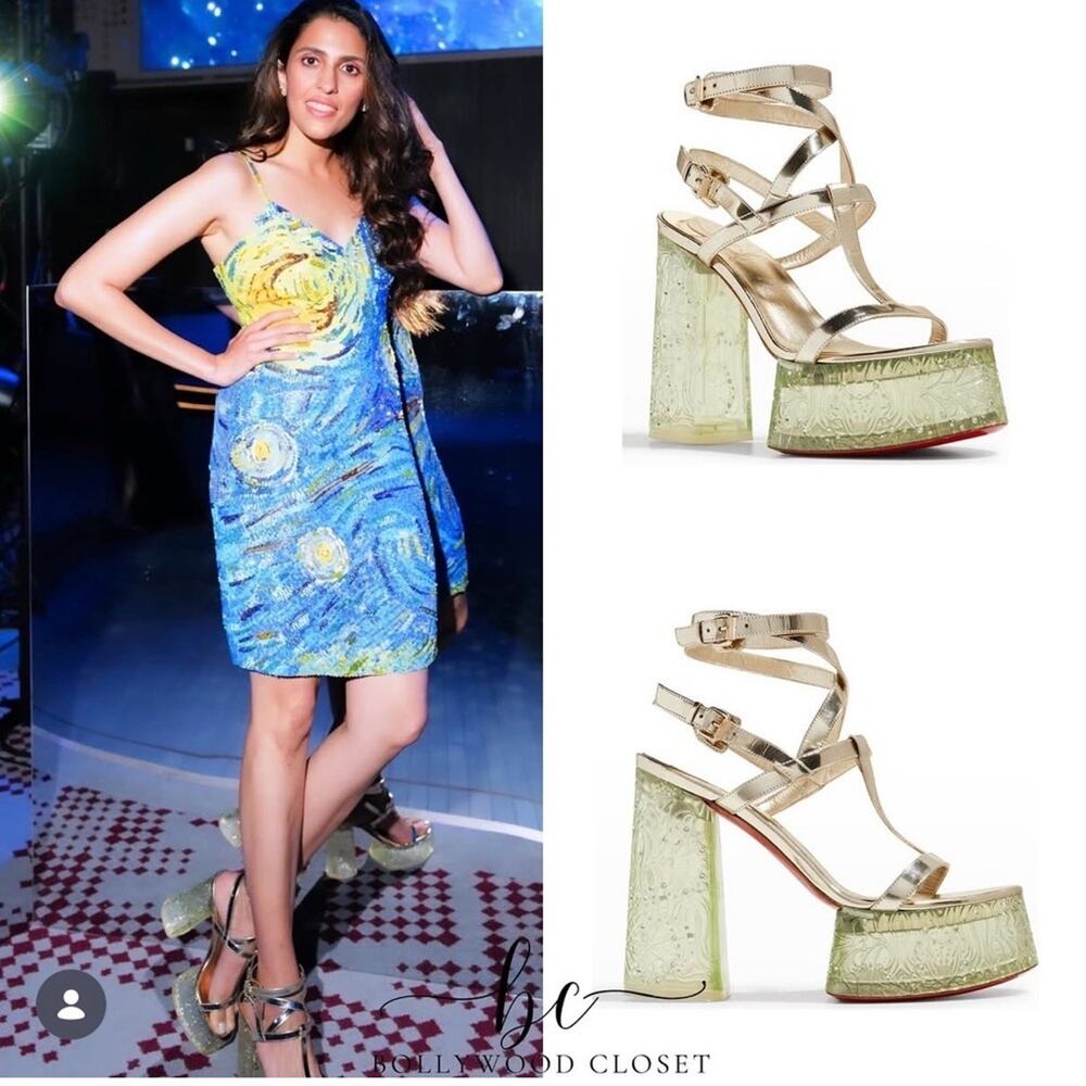 Christian Louboutin Yazefine Red Bottom Platform Metallic Sandals Gold Size 37 - Picture 5 of 12